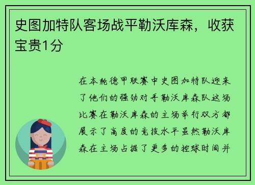 史图加特队客场战平勒沃库森，收获宝贵1分