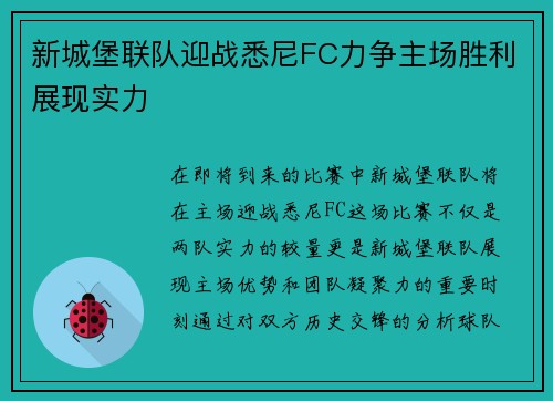 新城堡联队迎战悉尼FC力争主场胜利展现实力