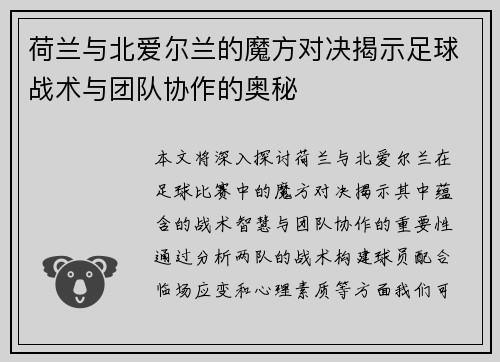 荷兰与北爱尔兰的魔方对决揭示足球战术与团队协作的奥秘