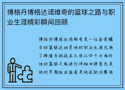 博格丹博格达诺维奇的篮球之路与职业生涯精彩瞬间回顾
