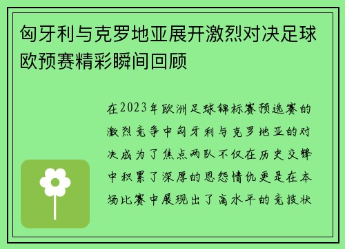 匈牙利与克罗地亚展开激烈对决足球欧预赛精彩瞬间回顾