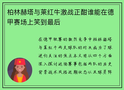柏林赫塔与莱红牛激战正酣谁能在德甲赛场上笑到最后