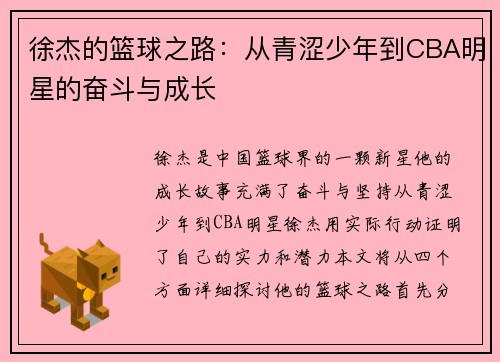 徐杰的篮球之路：从青涩少年到CBA明星的奋斗与成长