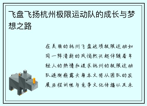 飞盘飞扬杭州极限运动队的成长与梦想之路