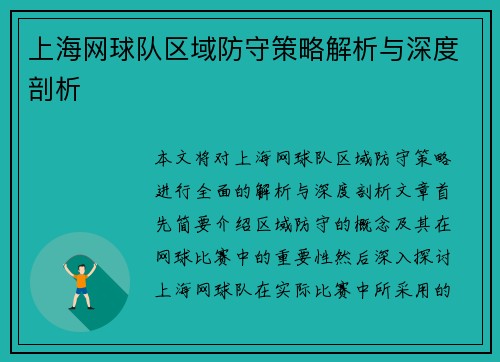 上海网球队区域防守策略解析与深度剖析