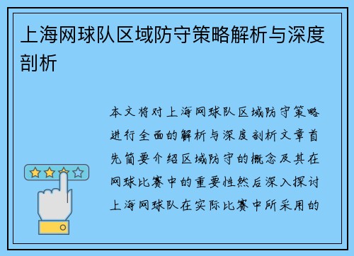 上海网球队区域防守策略解析与深度剖析