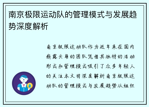 南京极限运动队的管理模式与发展趋势深度解析