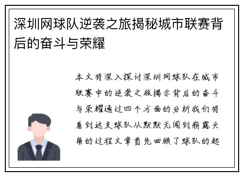 深圳网球队逆袭之旅揭秘城市联赛背后的奋斗与荣耀